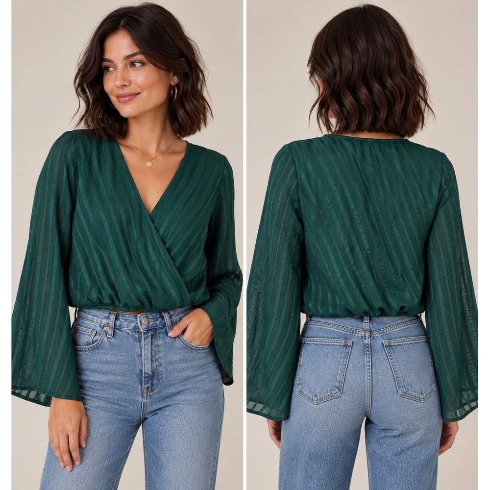 Sadie & Sage Emerald Green Plisse Wrap Bell Sleeve Crop Blouse Medium